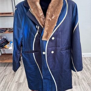 Men's Navy Pea Coat with Removable Brown Faux Fur Lapel and Contrast Piping